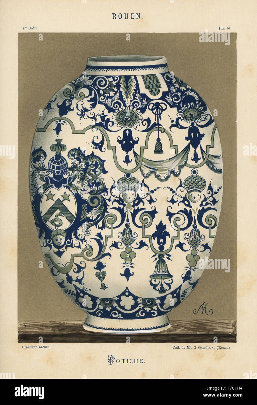 Vaso o potiche da Rouen, Francia XVIII secolo, con stemma araldico nel mezzo di fogliame. A mano chromolithograph finito da Ris Paquot generale dell'antica storia di francesi e stranieri in ceramica smaltata, Chez l'auteur, Parigi, 1874. Foto Stock