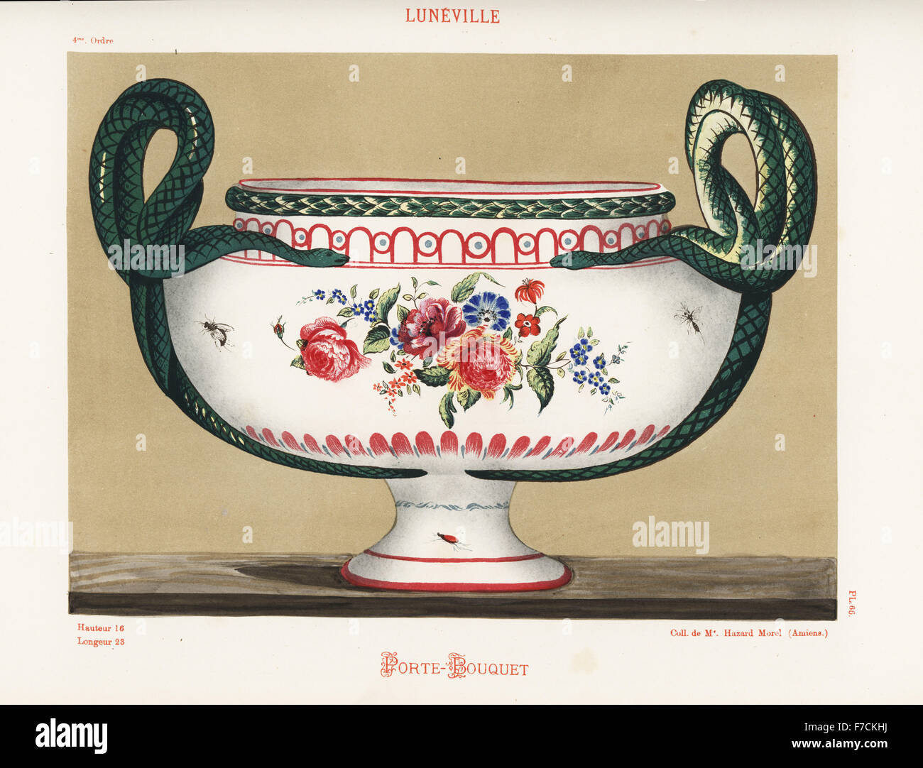Porte-bouquet o vaso di fiori da Luneville, Francia XVIII secolo. Decorata con fiori e insetti, manici realizzato da serpenti a spirale. A mano chromolithograph finito da Ris Paquot generale dell'antica storia di francesi e stranieri in ceramica smaltata, Chez l'auteur, Parigi, 1874. Foto Stock