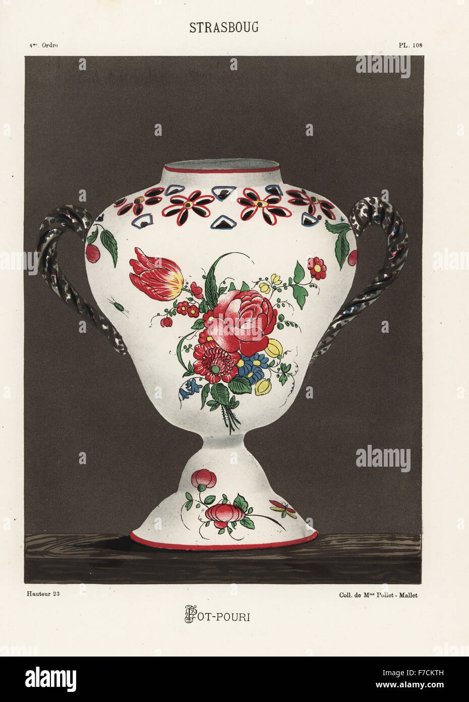Pot-pourri di vaso da Strasburgo, XVIII secolo, decorato con pittura botanica. A mano chromolithograph finito da Ris Paquot generale dell'antica storia di francesi e stranieri in ceramica smaltata, Chez l'auteur, Parigi, 1874. Foto Stock