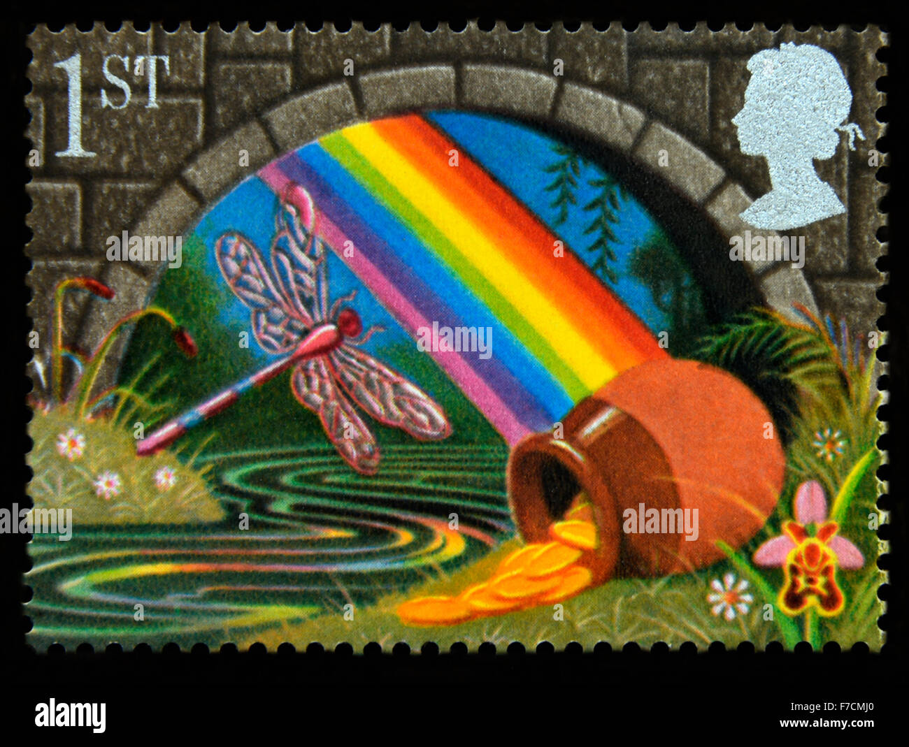 Francobollo. La Gran Bretagna. La regina Elisabetta II. 1991. Francobolli di auguri, "Buona fortuna". Pentola d'Oro al fine di Rainbow. Foto Stock