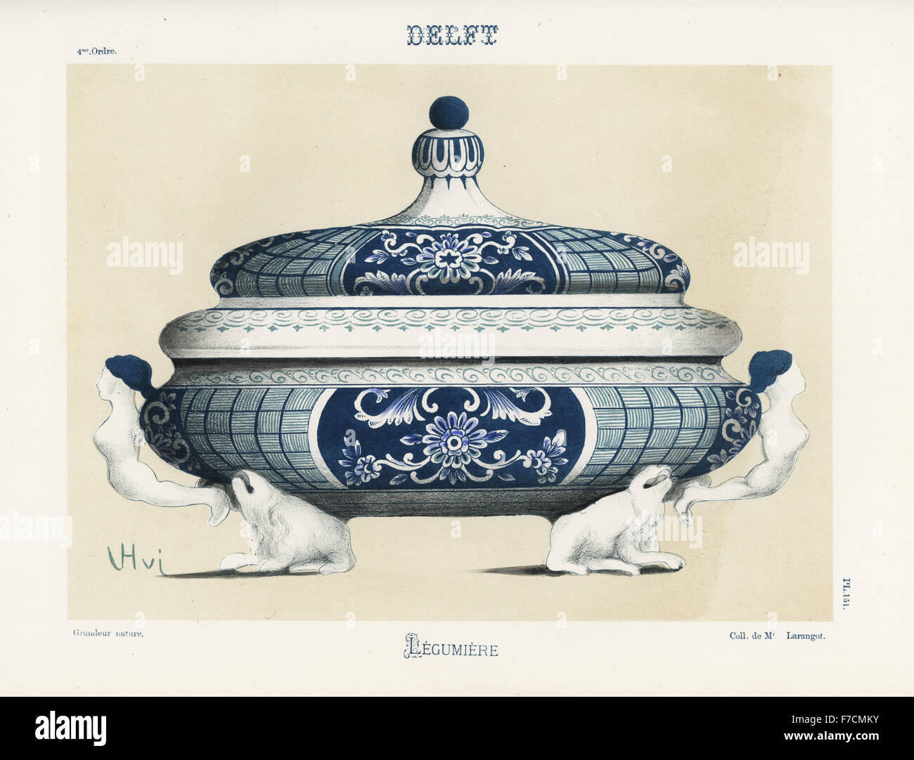 Legumiere o piatto di verdure da delft, Paesi Bassi, XVIII secolo, con reticolo e motivo floreale, ninfa maniglie e recare le gambe. A mano chromolithograph finito da Ris Paquot generale dell'antica storia di francesi e stranieri in ceramica smaltata, Chez l'auteur, Parigi, 1874. Foto Stock