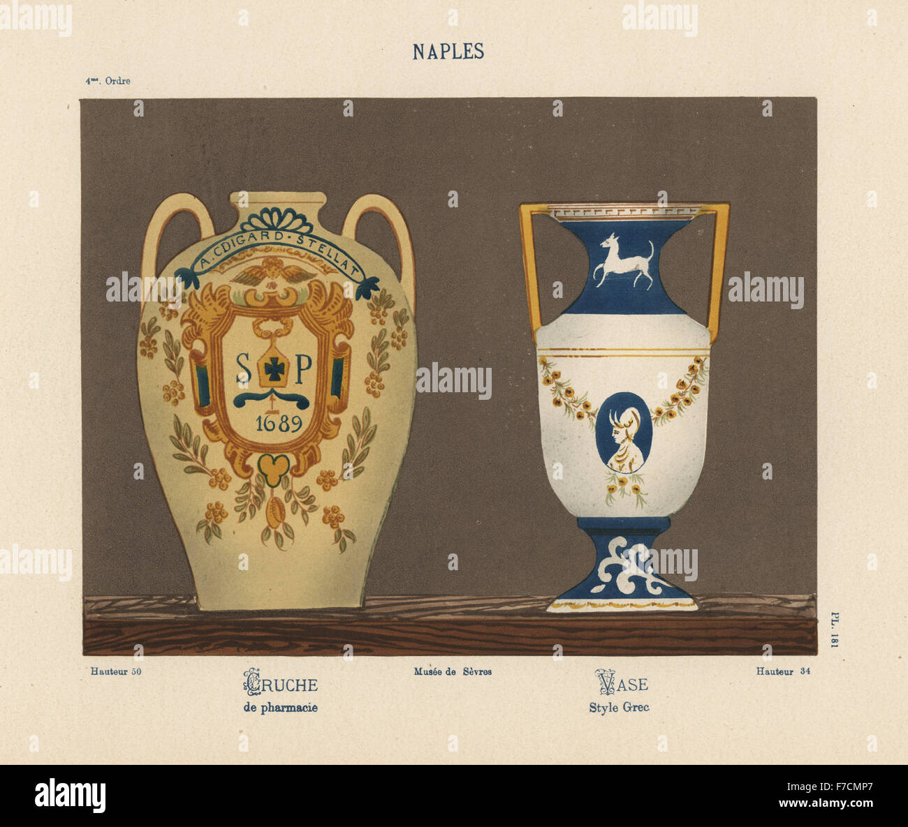 Farmacia brocca e vaso da Napoli, Italia. La farmacia brocca decorata con SP 1689 entro uno scudo araldico, e motto sopra A. CDIGARD. STELLAT. A mano chromolithograph finito da Ris Paquot generale dell'antica storia di francesi e stranieri in ceramica smaltata, Chez l'auteur, Parigi, 1874. Foto Stock