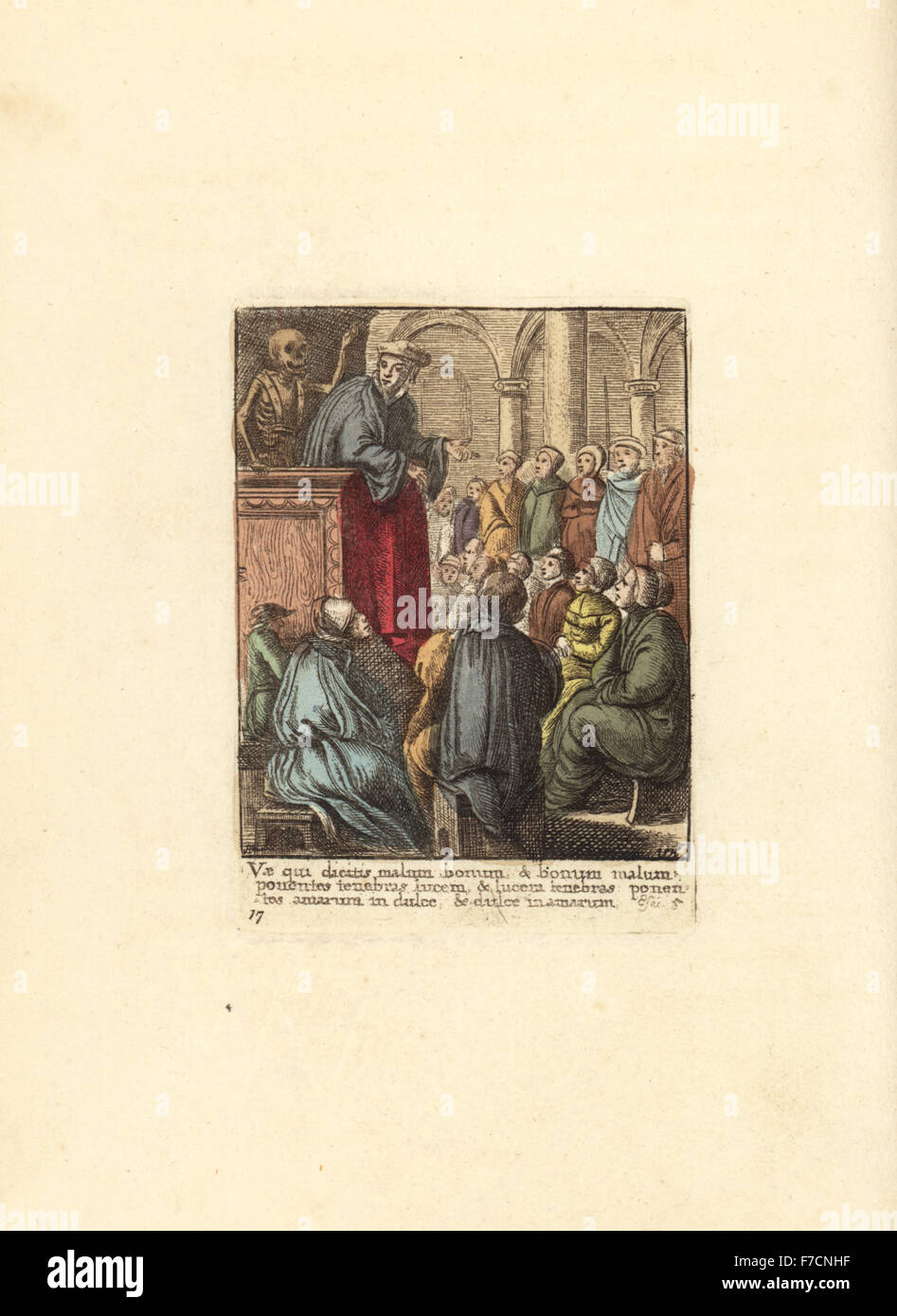 Scheletro di morte tenendo un osso sopra la testa di un predicatore come egli predica la sua Congregazione nella Chiesa. Copperplate Handcolored incisione di Wenceslaus Hollar dalla danza della morte di Hans Holbein, Coxhead, Londra, 1816. Foto Stock