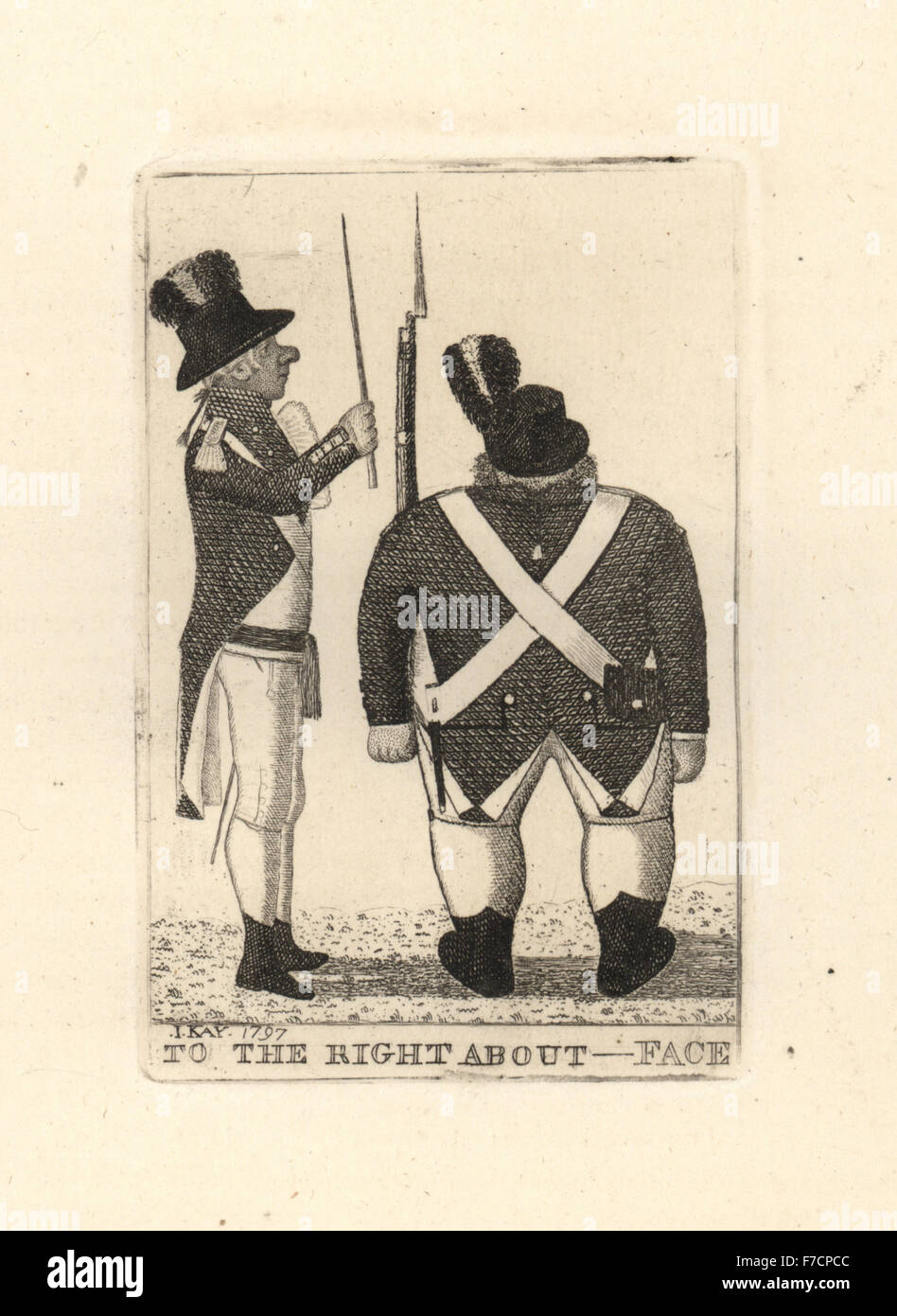 Sergente Maggiore Patrick Gould ordinando una nuova recluta di circa il viso, mentre l'insegnamento a lui come a sparare. Incisione su rame di John Kay da una serie di ritratti di originale e la caricatura acqueforti, Hugh Paton, Edimburgo, 1842. Foto Stock