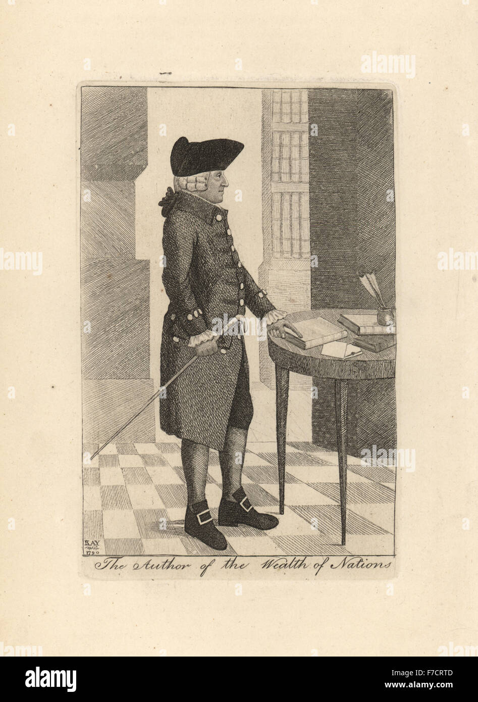 Adam Smith, che con il suo libro la ricchezza delle nazioni sul tavolo prima di lui. Incisione su rame di John Kay da una serie di ritratti di originale e la caricatura acqueforti, Hugh Paton, Edimburgo, 1842. Foto Stock