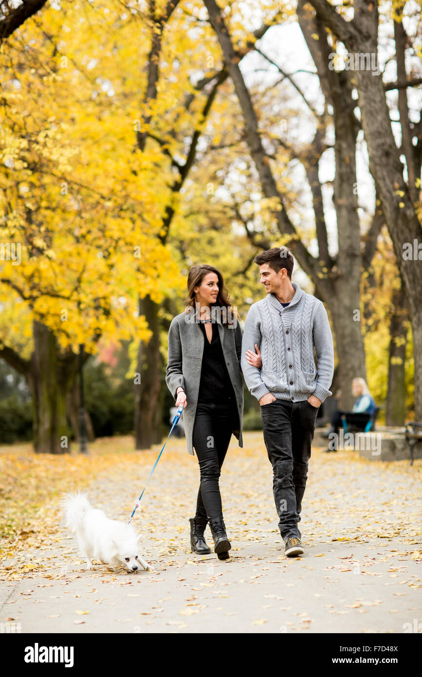 Coppia giovane con cane in autunno park Foto Stock