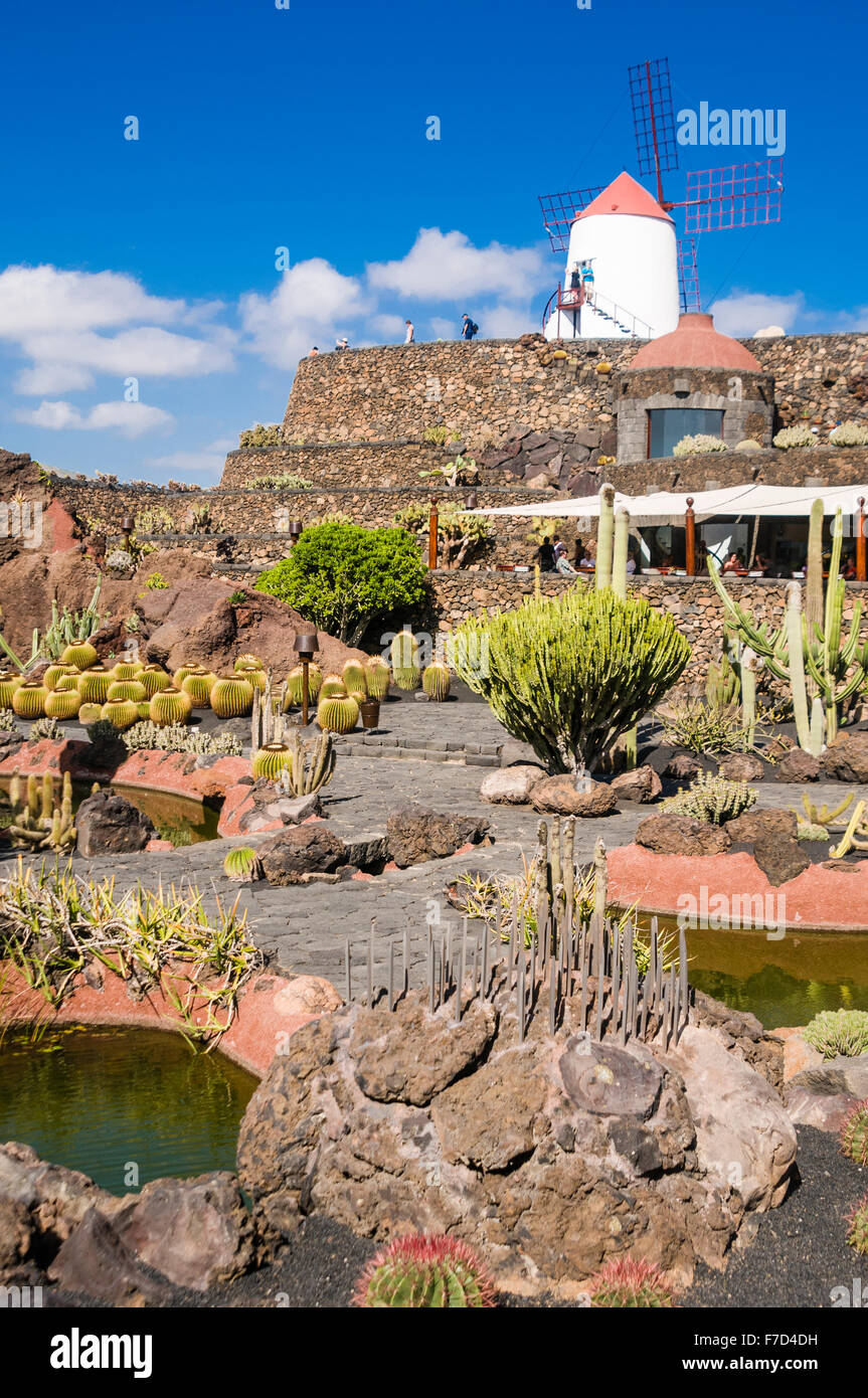Le persone che visitano il mulino bianco su una collina al Jardin de Cactus, Lanzarote, creato dall'artista César Manrique Foto Stock