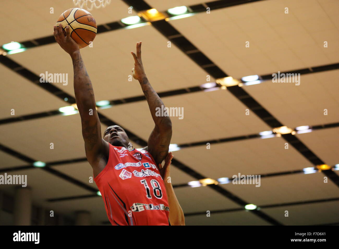 DeQuan Jones (jet), 29 novembre 2015 - Basket : National Basketball League 'NBL' 2015-2016 tra getti di Chiba 99-69 Nishinomiya cicogne in città Yachiyo palestra, Chiba, Giappone. (Foto di AFLO SPORT) Foto Stock