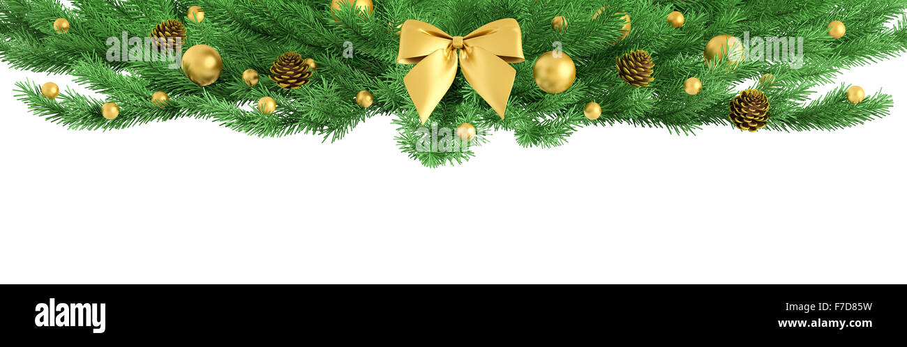 Natale ramo fir ornamento con golden bow, baubles, pigne isolato 3d rendering Foto Stock