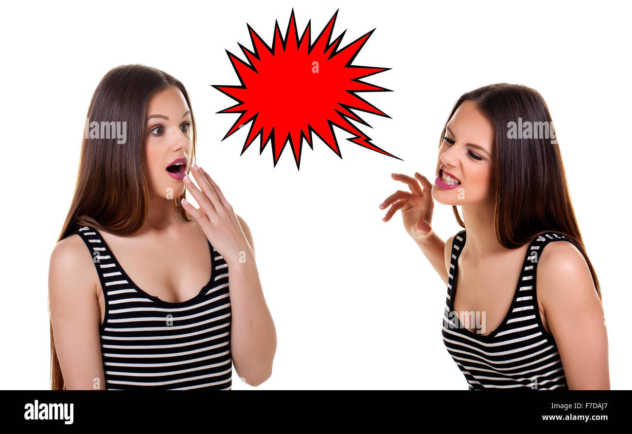 La donna grida con un discorso bolla. Foto Stock
