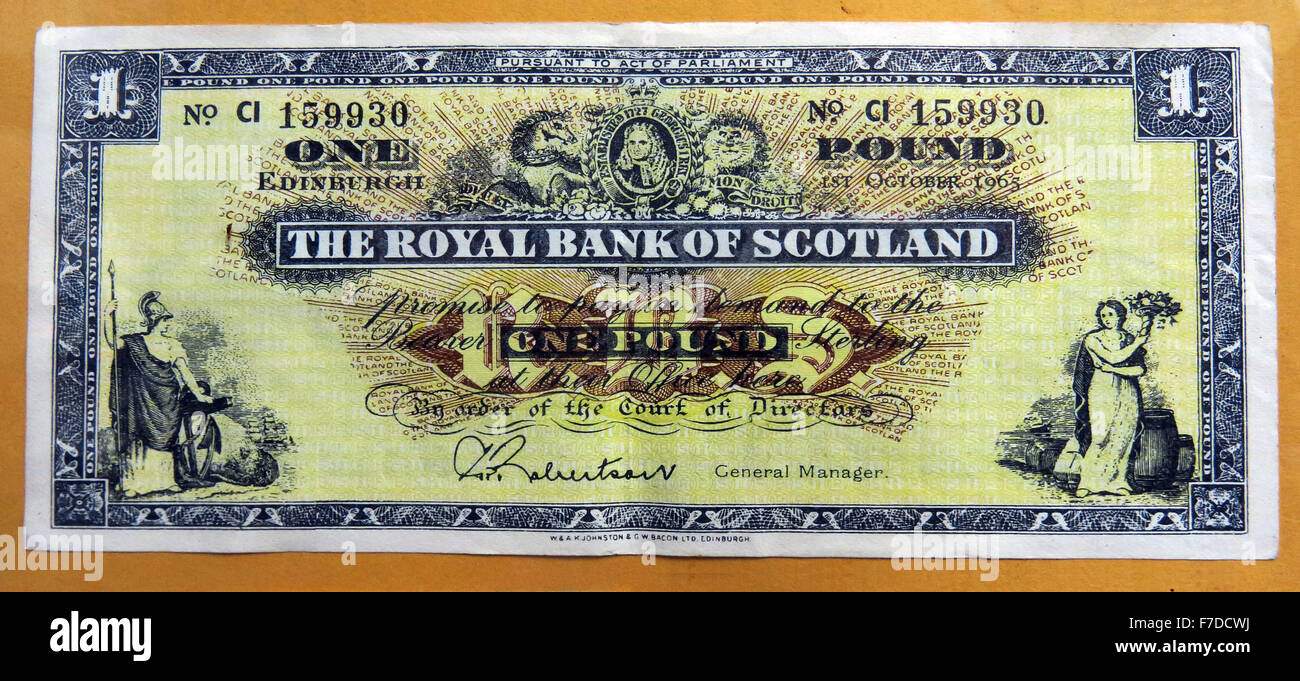 Old Royal Bank of Scotland plc,£1,nota 1965, UK,firmato da Robertson,giallo Foto Stock