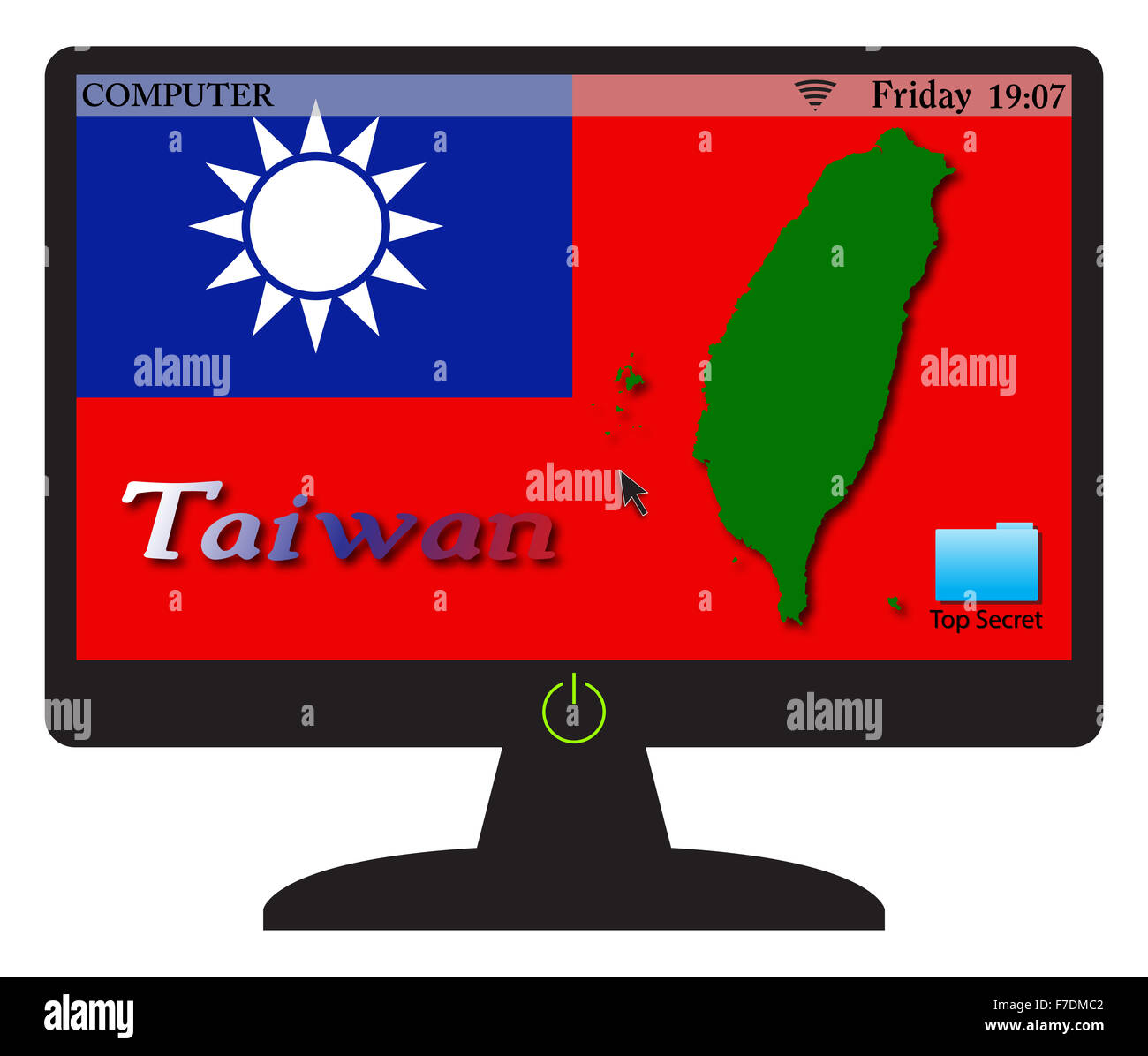 A Taiwan lo schermo del computer con un pulsante on isolato su uno sfondo bianco Foto Stock