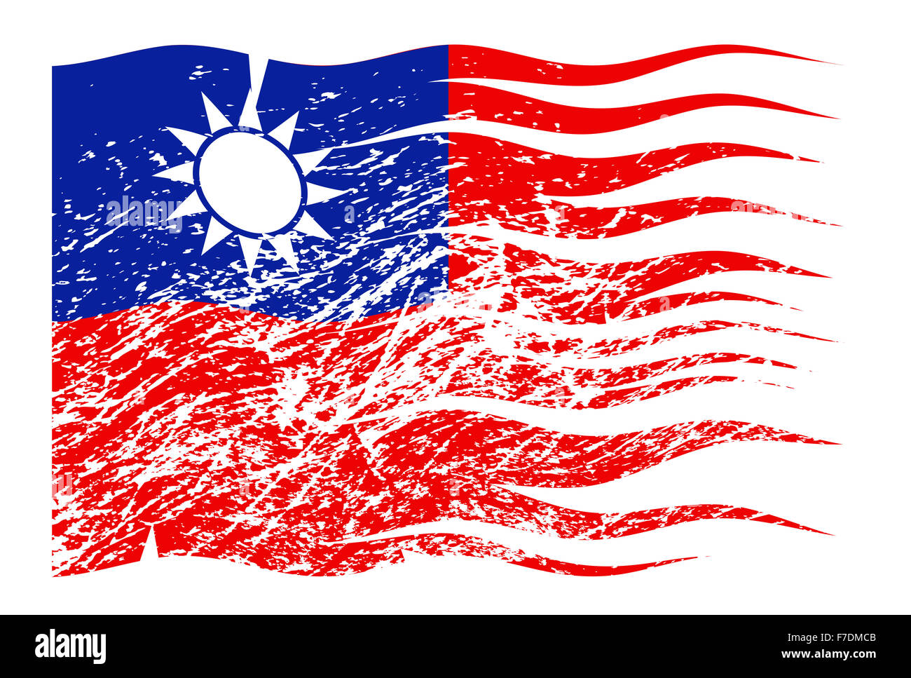 Un ondulato bandiera di Taiwan design con un grunge isolato su uno sfondo bianco Foto Stock
