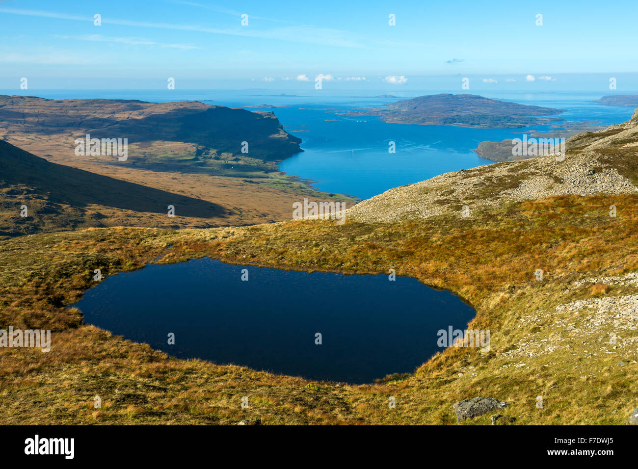 Loch na Keal, da Beinn Fhada, Isle of Mull, Argyll and Bute, Scotland, Regno Unito. L'isola di Ulva sulla destra. Foto Stock