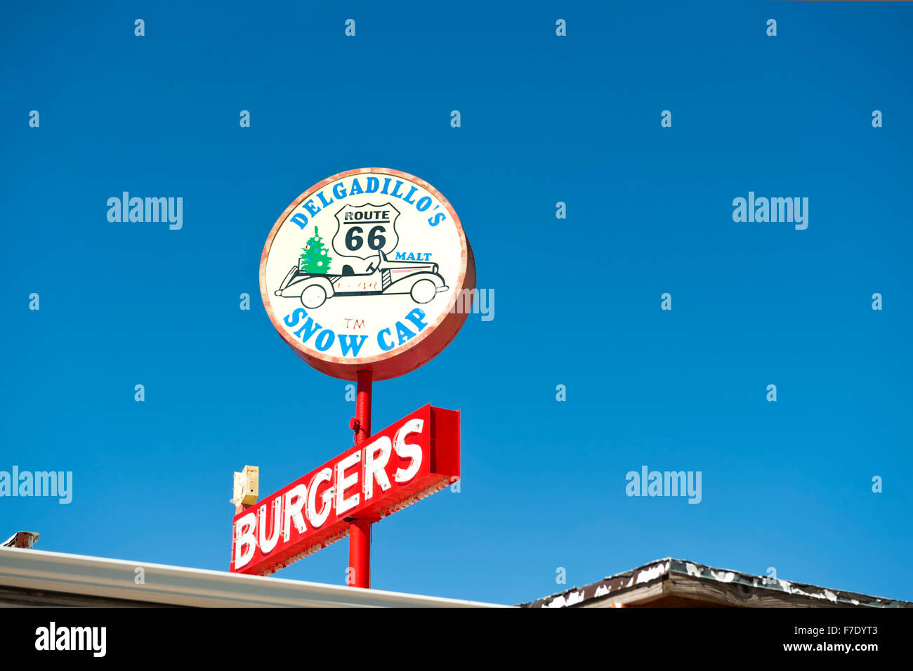 Tappo di neve Restaurant Sign in Seligman, Arizona, Route 66 Foto Stock