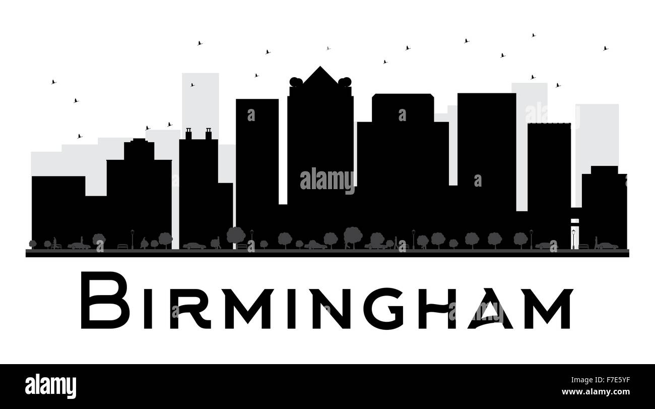 Birmingham City skyline in bianco e nero la silhouette. Illustrazione Vettoriale. Piatto semplice concetto per il turismo presentazione, banner Illustrazione Vettoriale