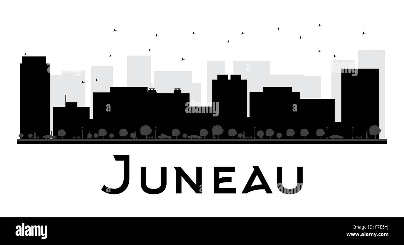 Juneau skyline della città in bianco e nero la silhouette. Illustrazione Vettoriale. Piatto semplice concetto per il turismo presentazione, banner Illustrazione Vettoriale