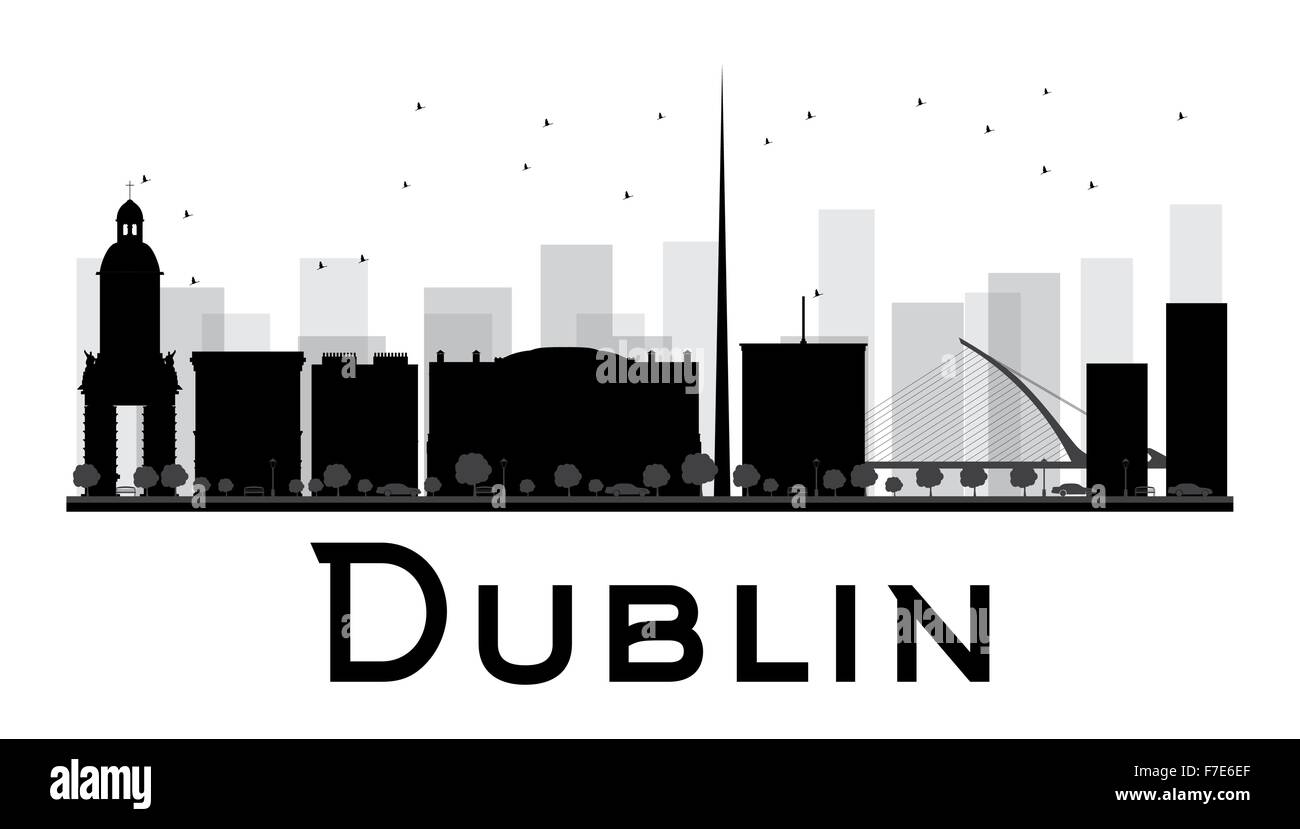 Dublin City skyline in bianco e nero la silhouette. Illustrazione Vettoriale. Piatto semplice concetto per il turismo presentazione, banner Illustrazione Vettoriale