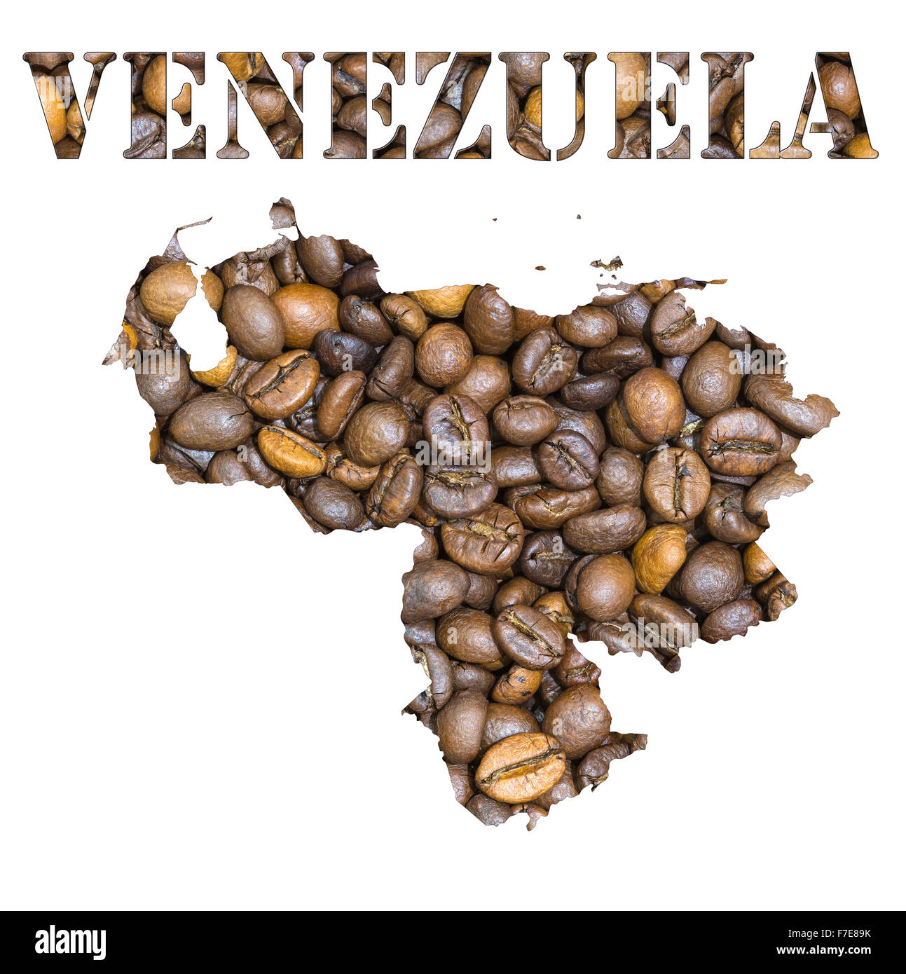 Roasted Brown i chicchi di caffè lo sfondo con la forma della parola del Venezuela e il paese mappa geografica contorno. Immagine isola Foto Stock