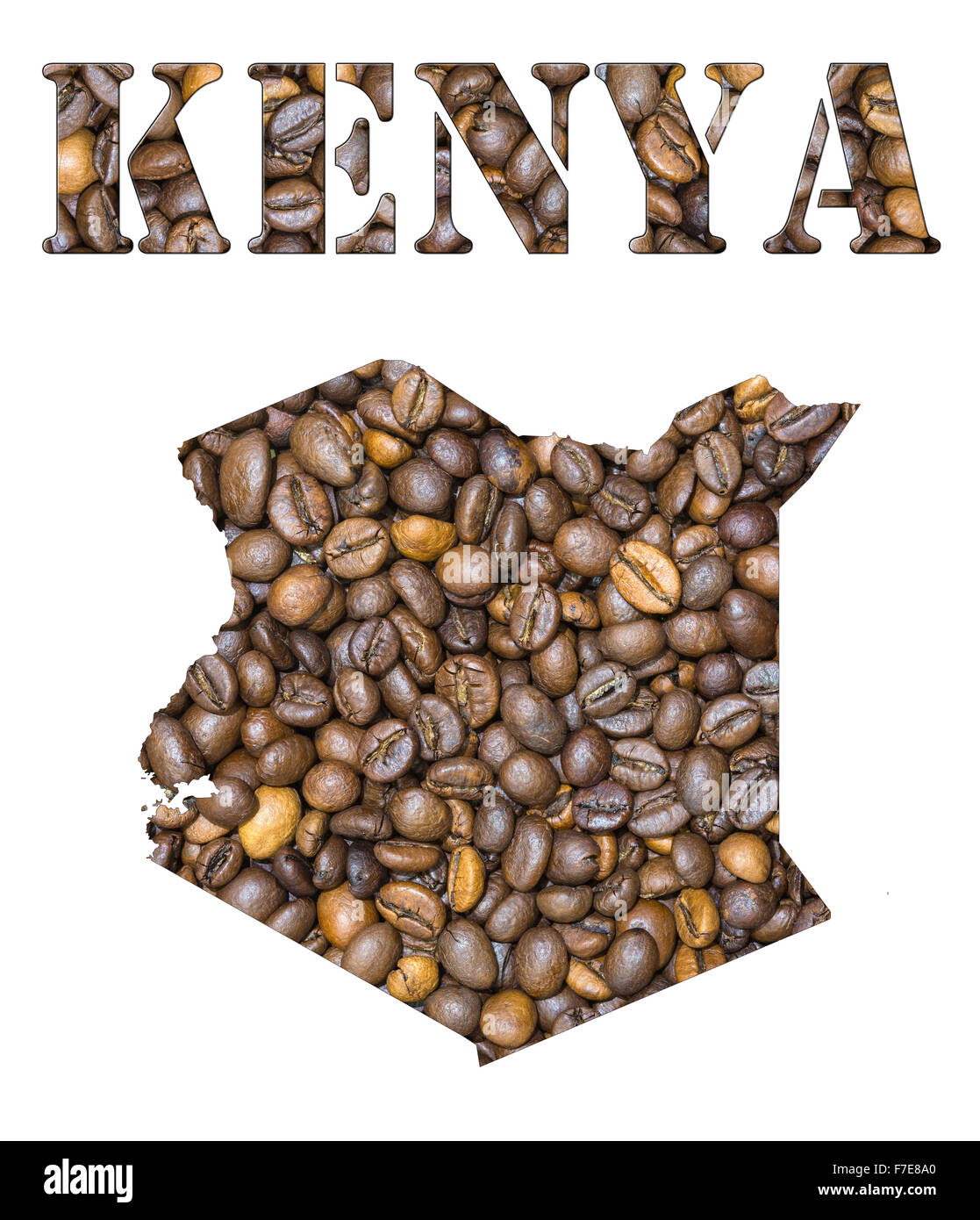 Roasted Brown i chicchi di caffè lo sfondo con la forma della parola in Kenya e il paese mappa geografica contorno. Immagine isolata Foto Stock