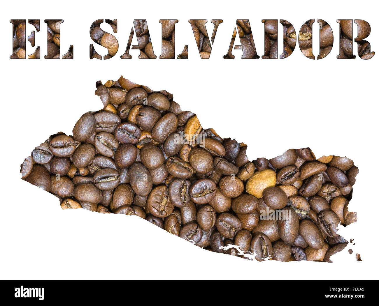 Roasted Brown i chicchi di caffè lo sfondo con la forma della parola El Salvador e il paese mappa geografica contorno. Immagine ISO Foto Stock
