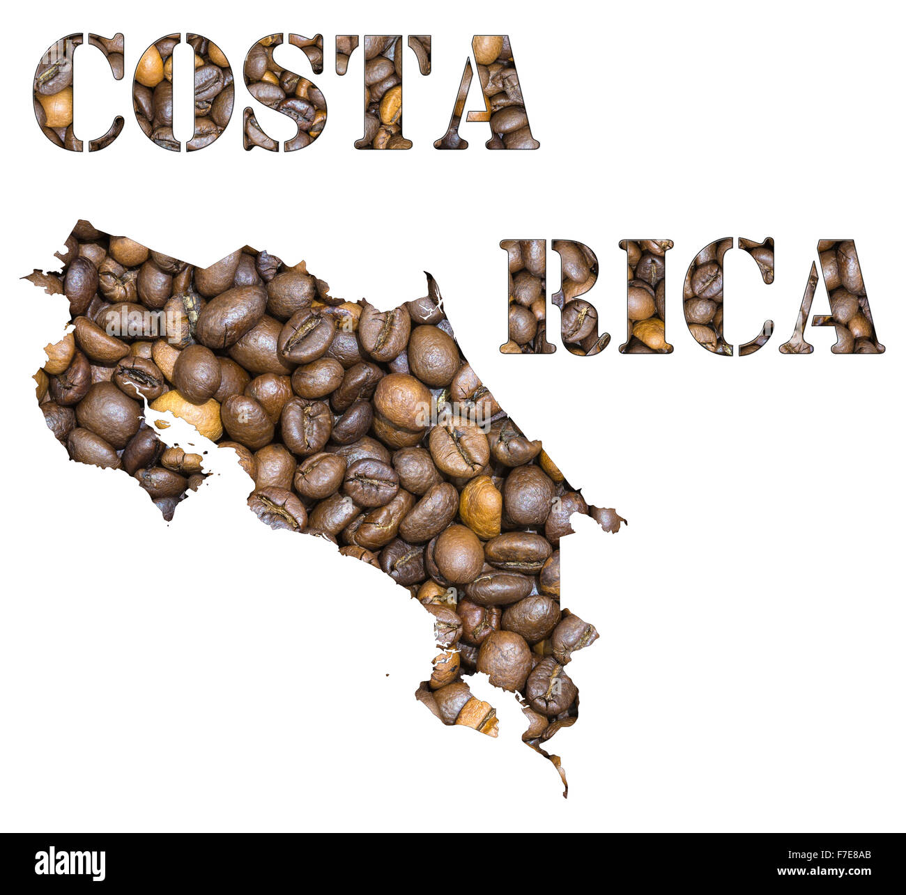 Roasted Brown i chicchi di caffè lo sfondo con la forma della parola Costa Rica e il paese mappa geografica contorno. Immagine isol Foto Stock