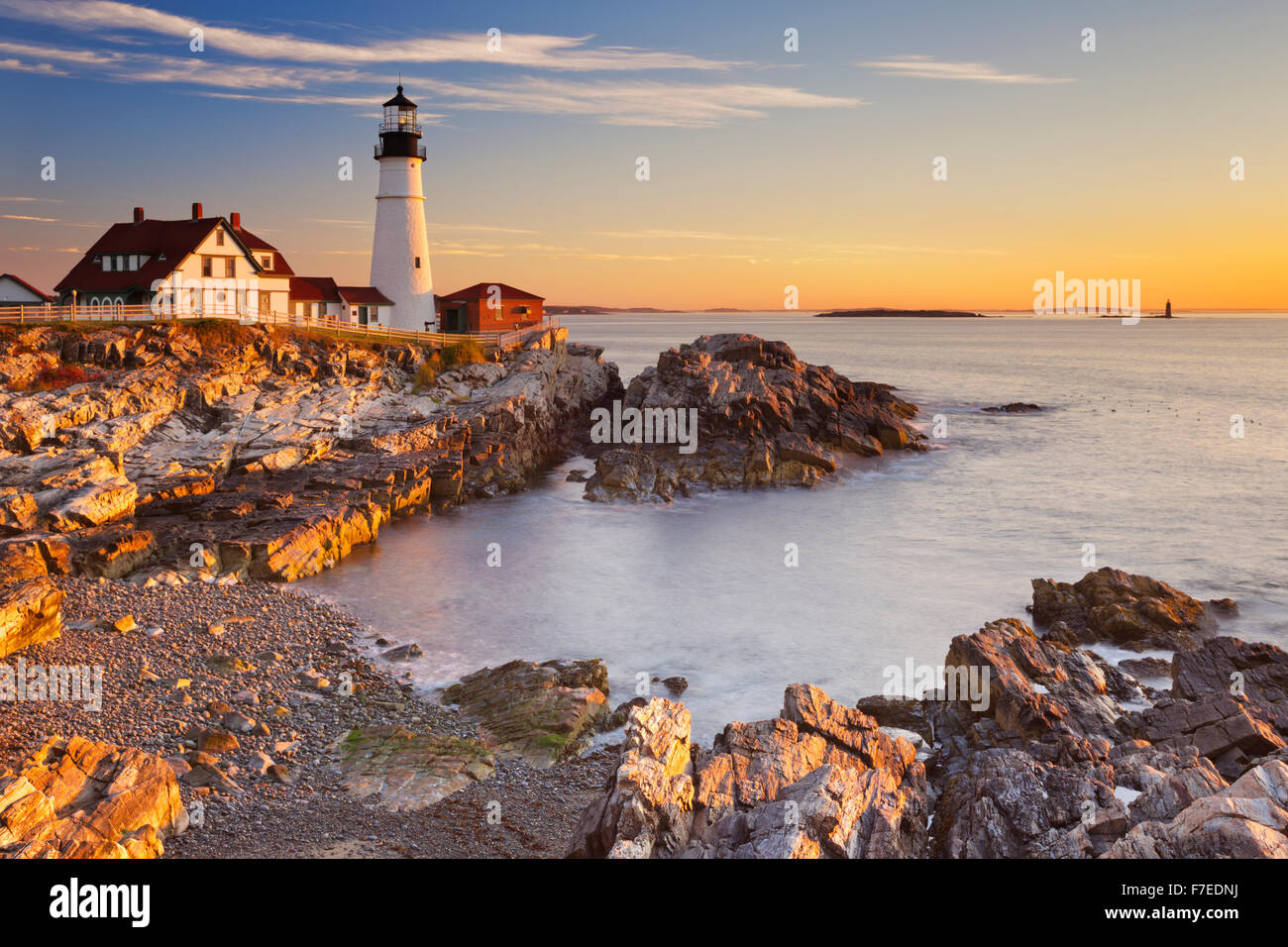 Il Portland Head Lighthouse in Cape Elizabeth, Maine, Stati Uniti d'America. Fotografato a sunrise. Foto Stock