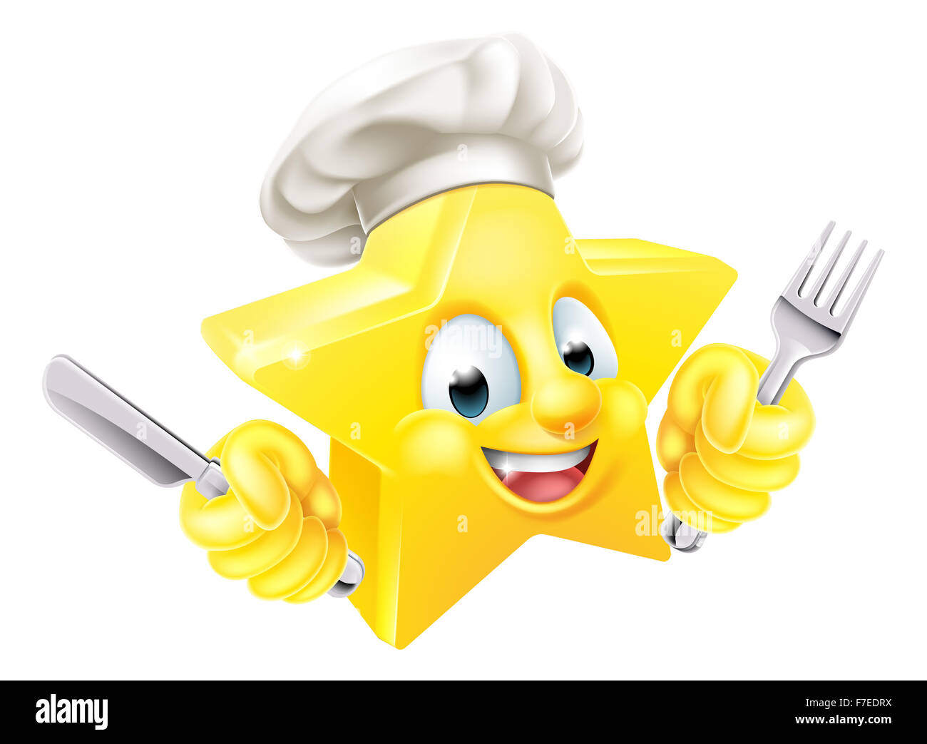 Cartoon star chef gli Emoji emoticon mascotte carattere nel cappello da cuoco in possesso di un coltello e forchetta Foto Stock