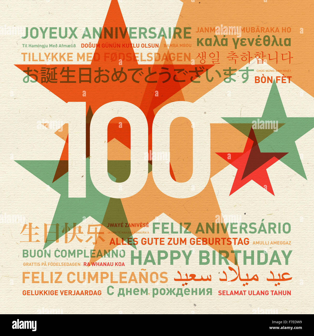 Centesimo anniversario buon compleanno da tutto il mondo. Lingue diverse celebrazione card Foto Stock