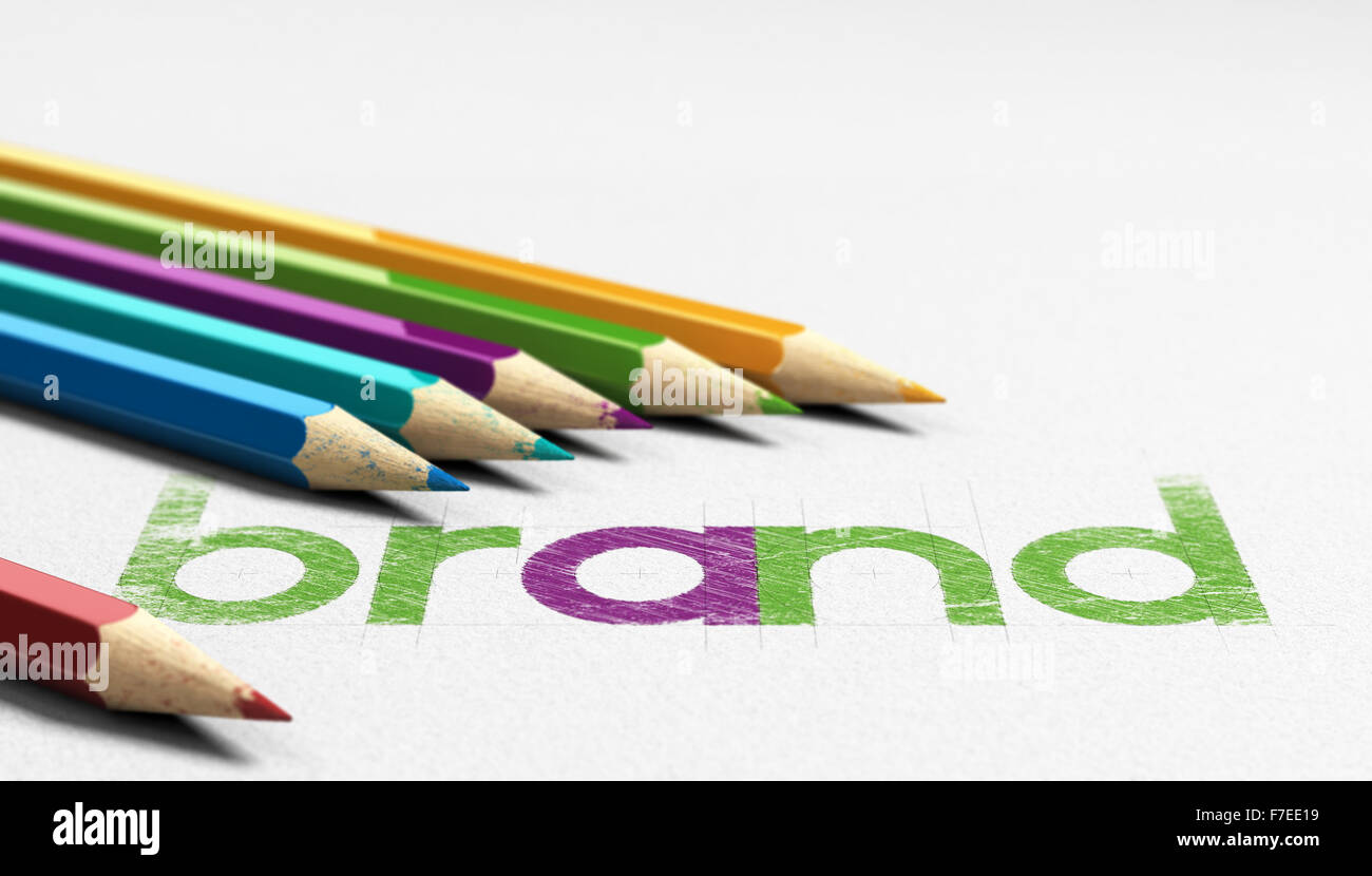 Marca parola manoscritta su una trama della carta con sei matite in legno sourounding. Concetto di immagine per il branding e identity design Foto Stock