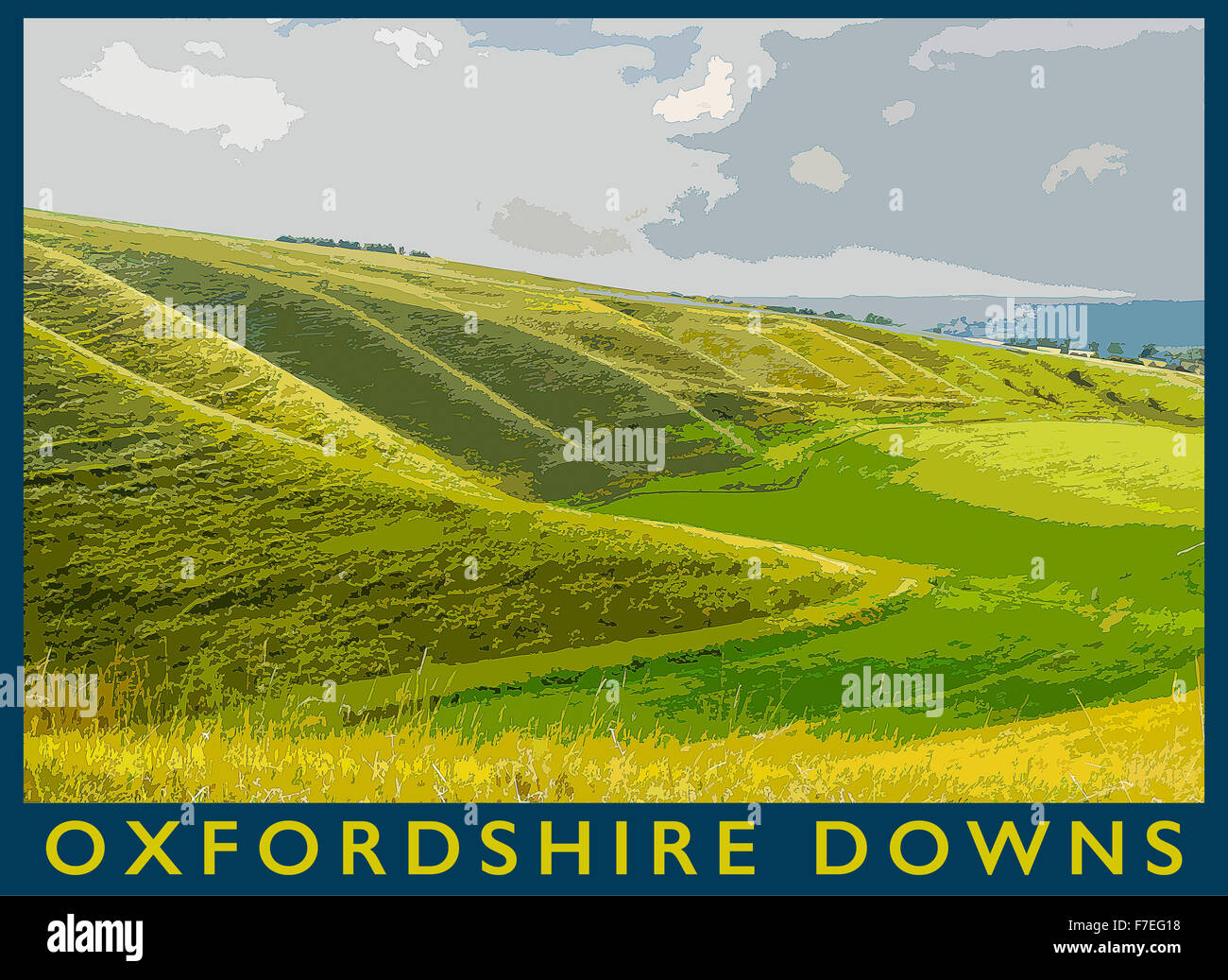 Un poster in stile illustrazione da una fotografia del Oxfordshire Downs vicino Uffington, Oxfordshire, England, Regno Unito Foto Stock