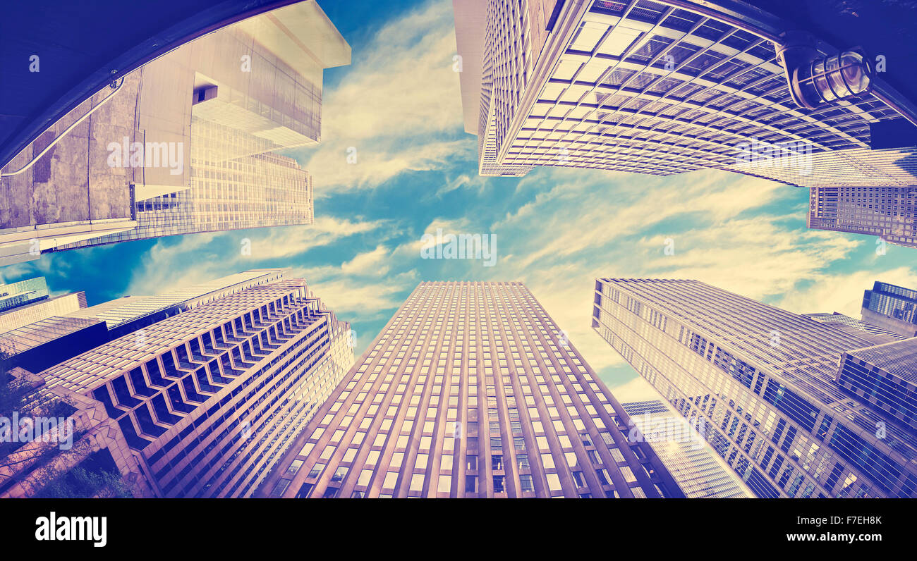 Vintage tonica fisheye foto dei grattacieli di New York, Stati Uniti d'America. Foto Stock