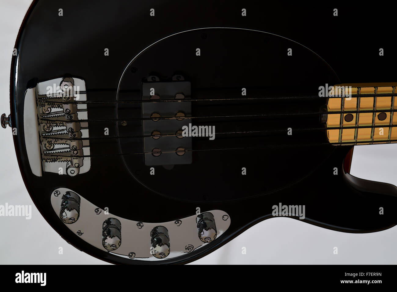 Bass Guitar illustrazione del corpo di colore nero corpo e stringhe effetto cartone Foto Stock