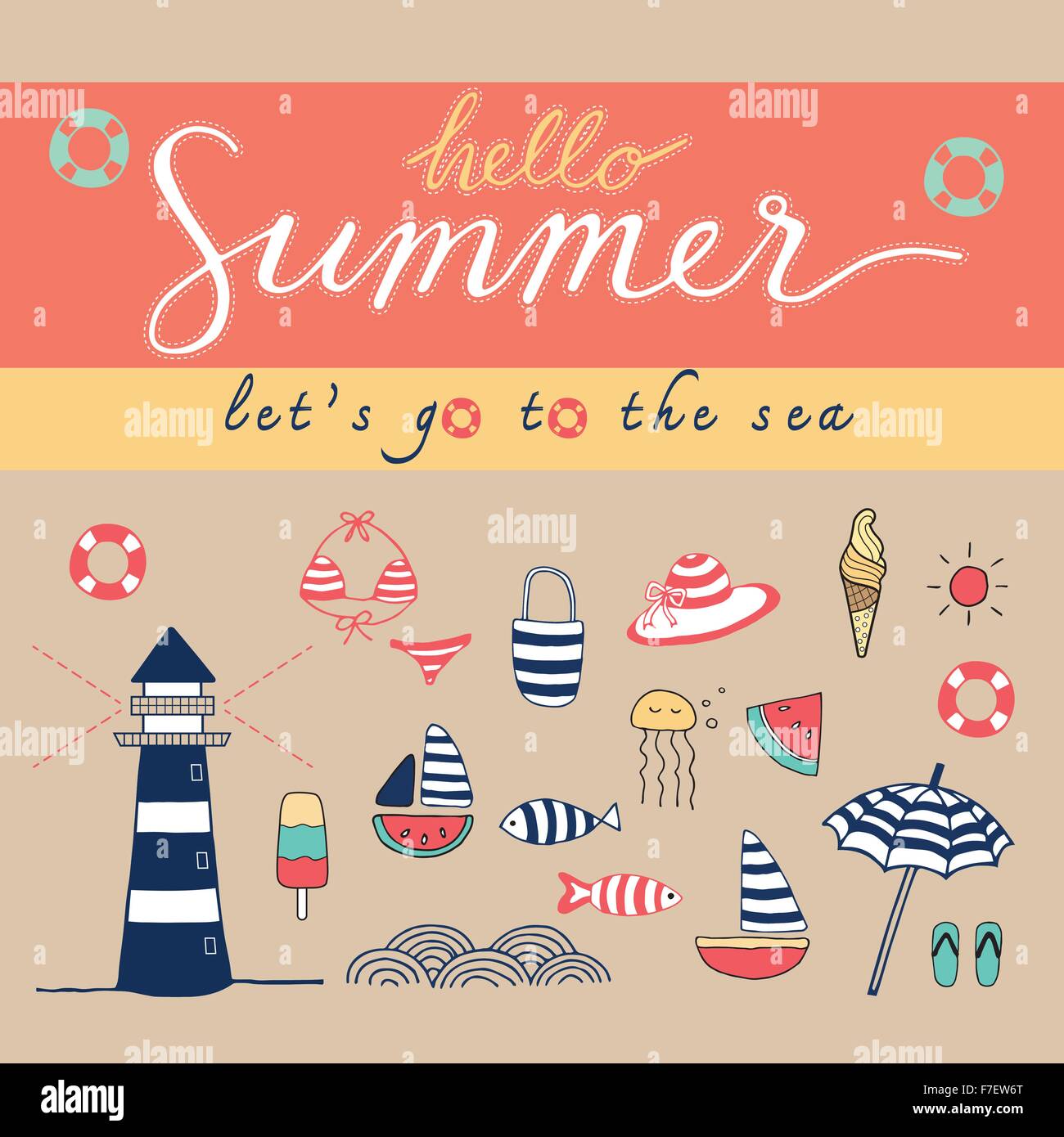 Ciao Estate doodle colorato schema colore pastello Illustrazione Vettoriale