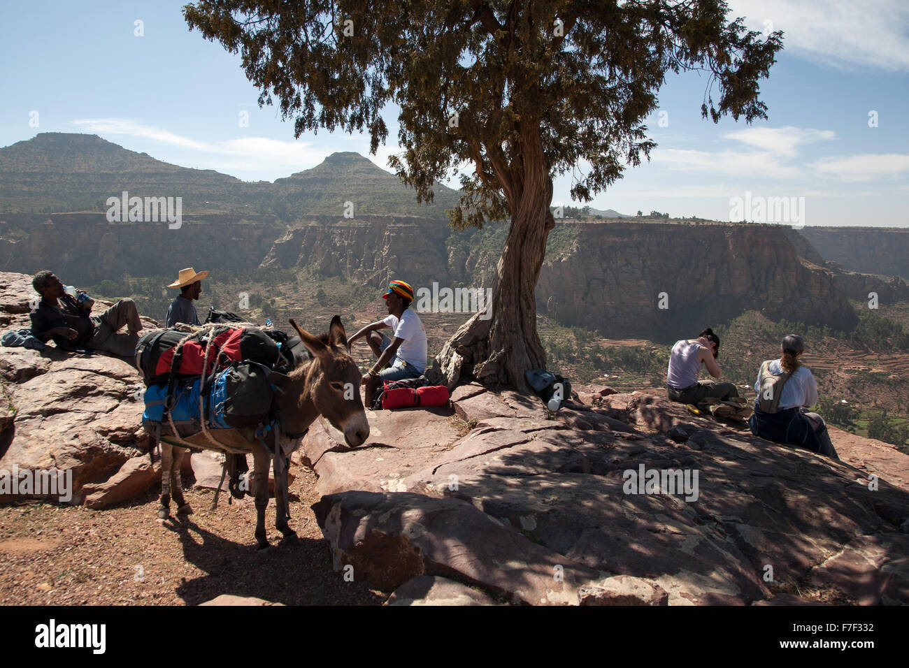 Cinque escursionisti e un asino in pausa il luogo di riposo degli apostoli nel Tigray, Etiopia Foto Stock