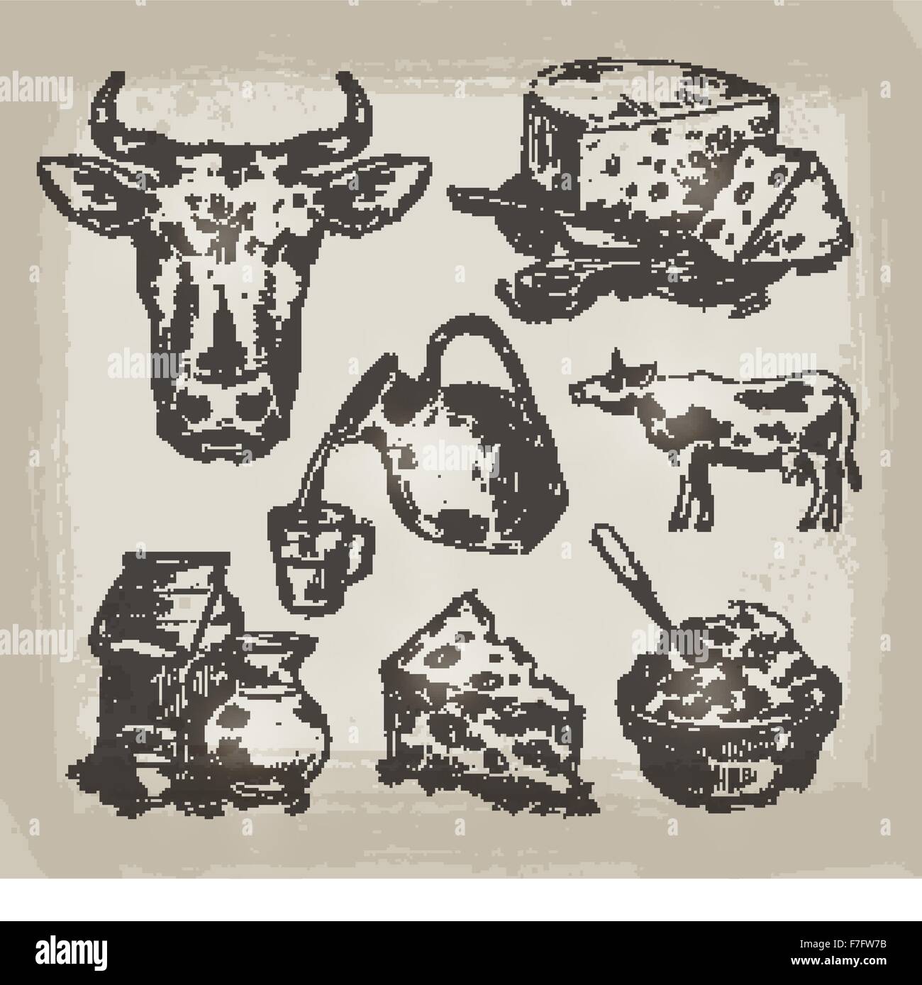 Mano bozzetto set di prodotti lattiero-caseari e cow. illustrazione vettoriale Illustrazione Vettoriale