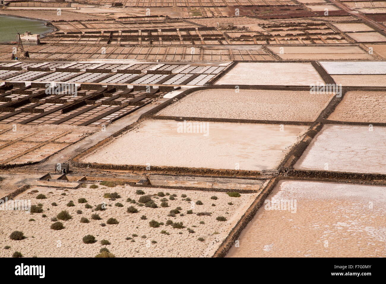 Active saline, sale o evaporazione stagni, a Salinas de Janubio, Lanzarote. Foto Stock