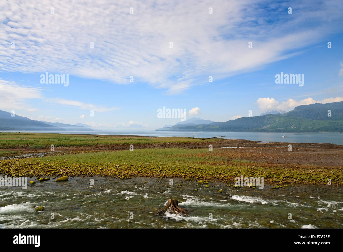 Wathl Creek che scorre nel canale di Douglas in Kitimaat Village, Kitimat, British Columbia Foto Stock