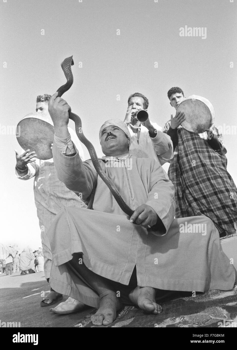 Un serpente incantatore e i musicisti si esibiscono in luogo piazza Jema al-Fna, Marrakech, Marocco, Africa del Nord Foto Stock