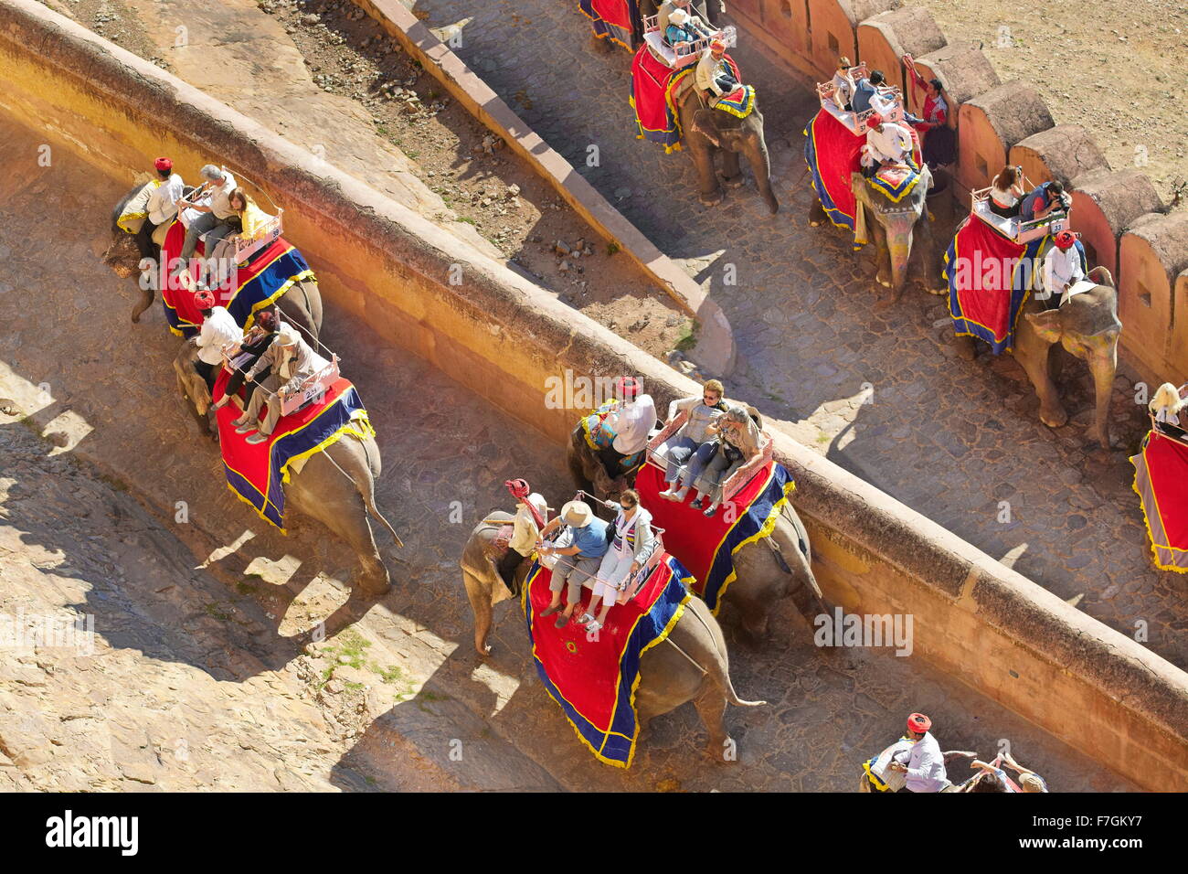 Gli elefanti che trasportano i turisti al forte di Amber a Jaipur, Rajasthan, India Foto Stock