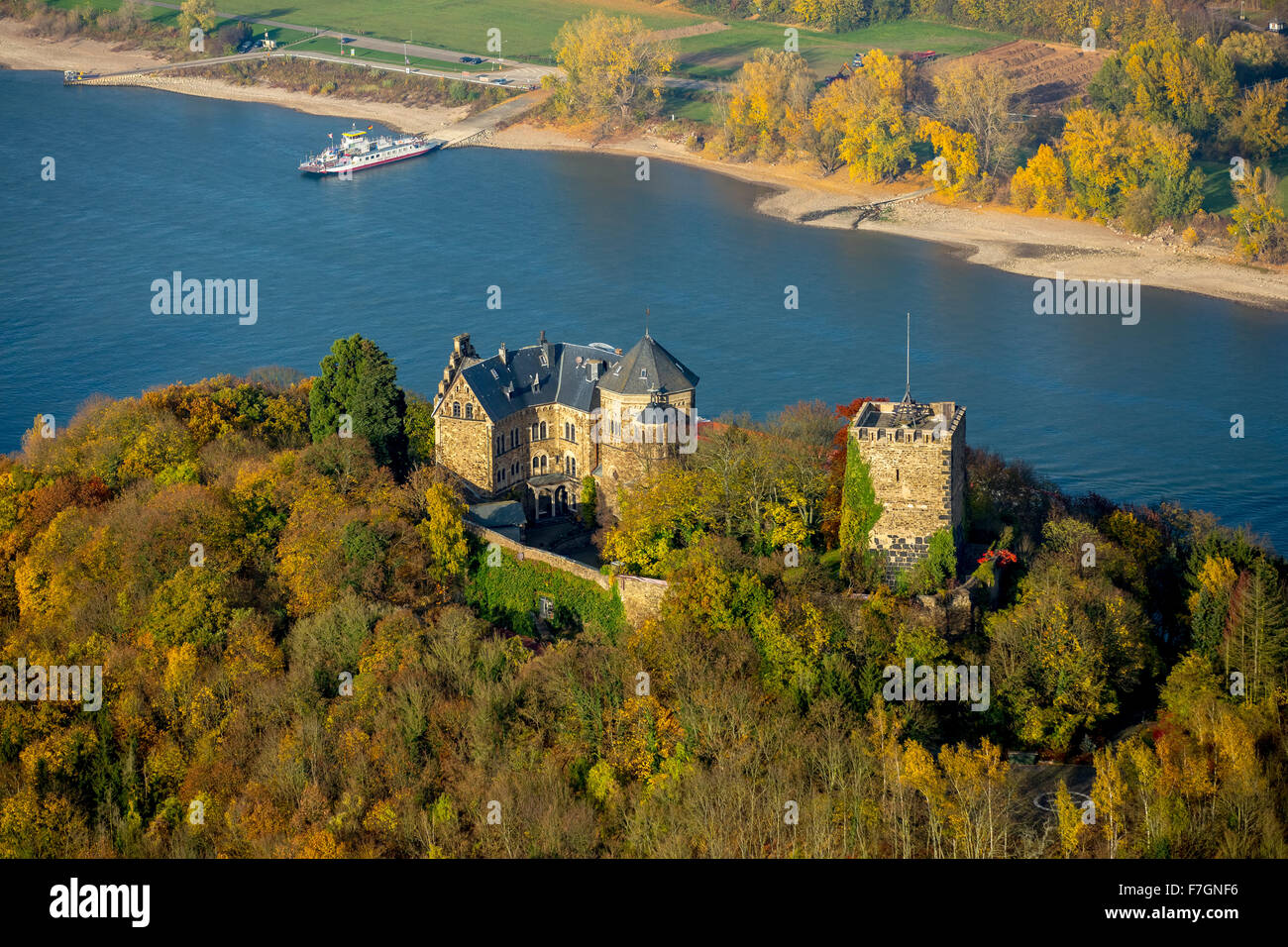Burg Rheineck nella Valle del Reno, Reno, foglie di autunno, Bad Breisig, Ahrweiler, Renania-Palatinato, Germania Europa, antenna Foto Stock