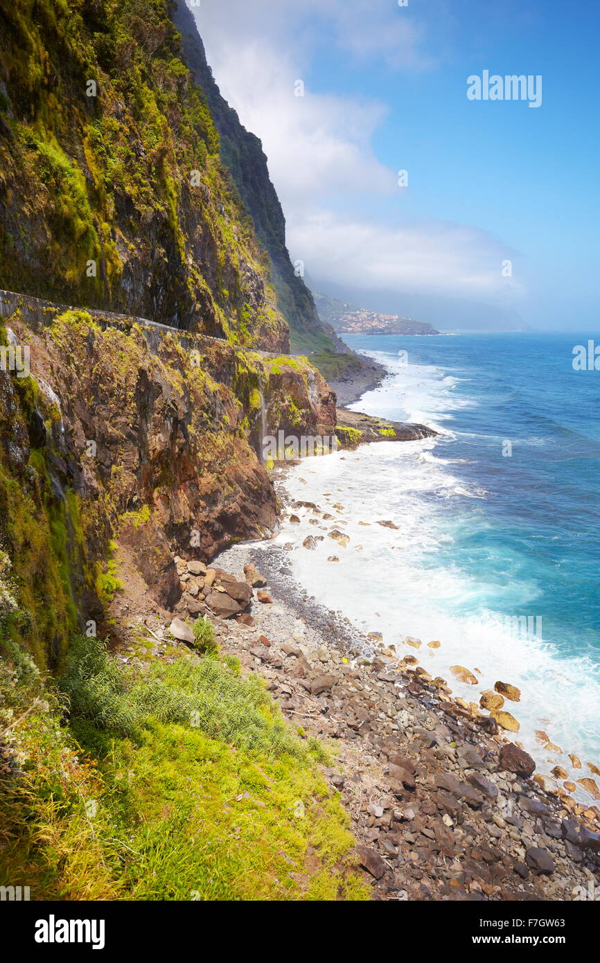 Cliff litorale nei pressi di Ponta Delgada, l'isola di Madeira, Portogallo Foto Stock