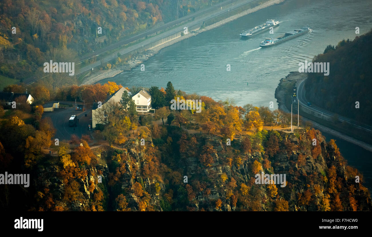 La Loreley, Lorelei rock, rock di scisto nel Patrimonio Mondiale UNESCO Valle del Reno superiore e centrale in Sankt Goarshausen Sankt Goar, Foto Stock