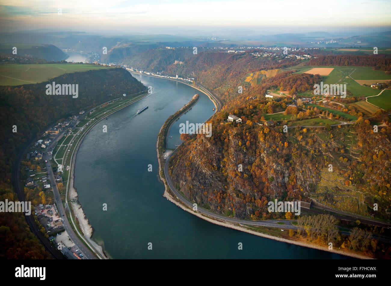 La Loreley, Lorelei rock, rock di scisto nel Patrimonio Mondiale UNESCO Valle del Reno superiore e centrale in Sankt Goarshausen Sankt Goar, Foto Stock