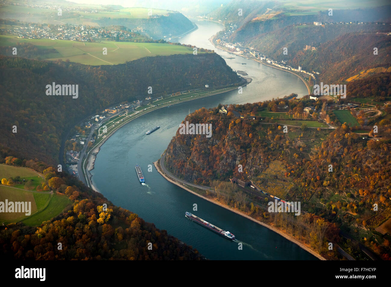 La Loreley, Lorelei rock, rock di scisto nel Patrimonio Mondiale UNESCO Valle del Reno superiore e centrale in Sankt Goarshausen Sankt Goar, Foto Stock