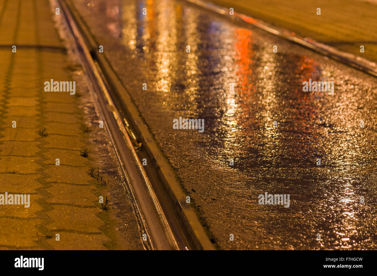 Primo piano su rotaia del tram di notte, luci riflesse nell'asfalto umido Foto Stock