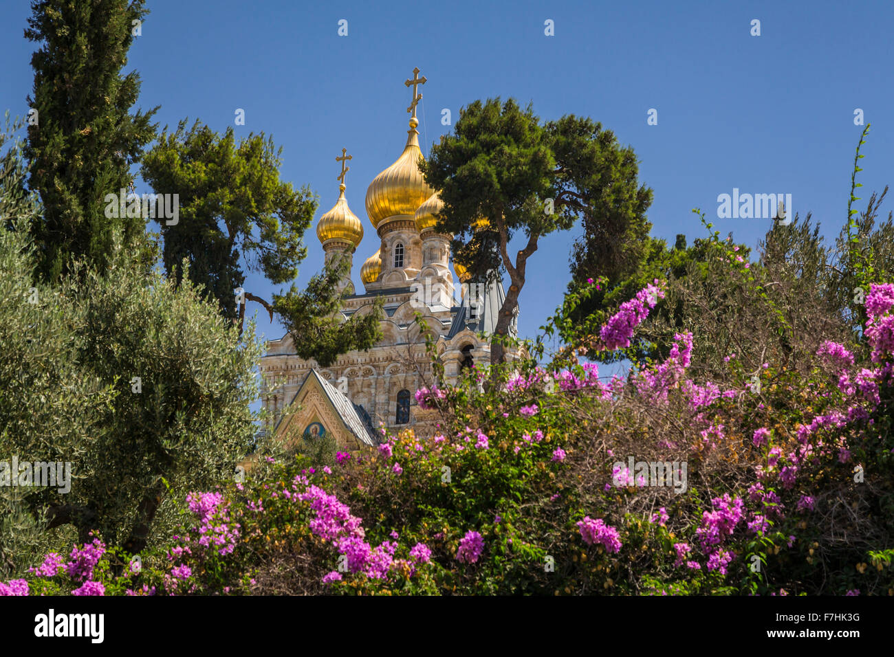 L'oro delle cupole della chiesa di Maria Maddalena sul Monte degli Ulivi di Gerusalemme, Israele, Medio Oriente. Foto Stock