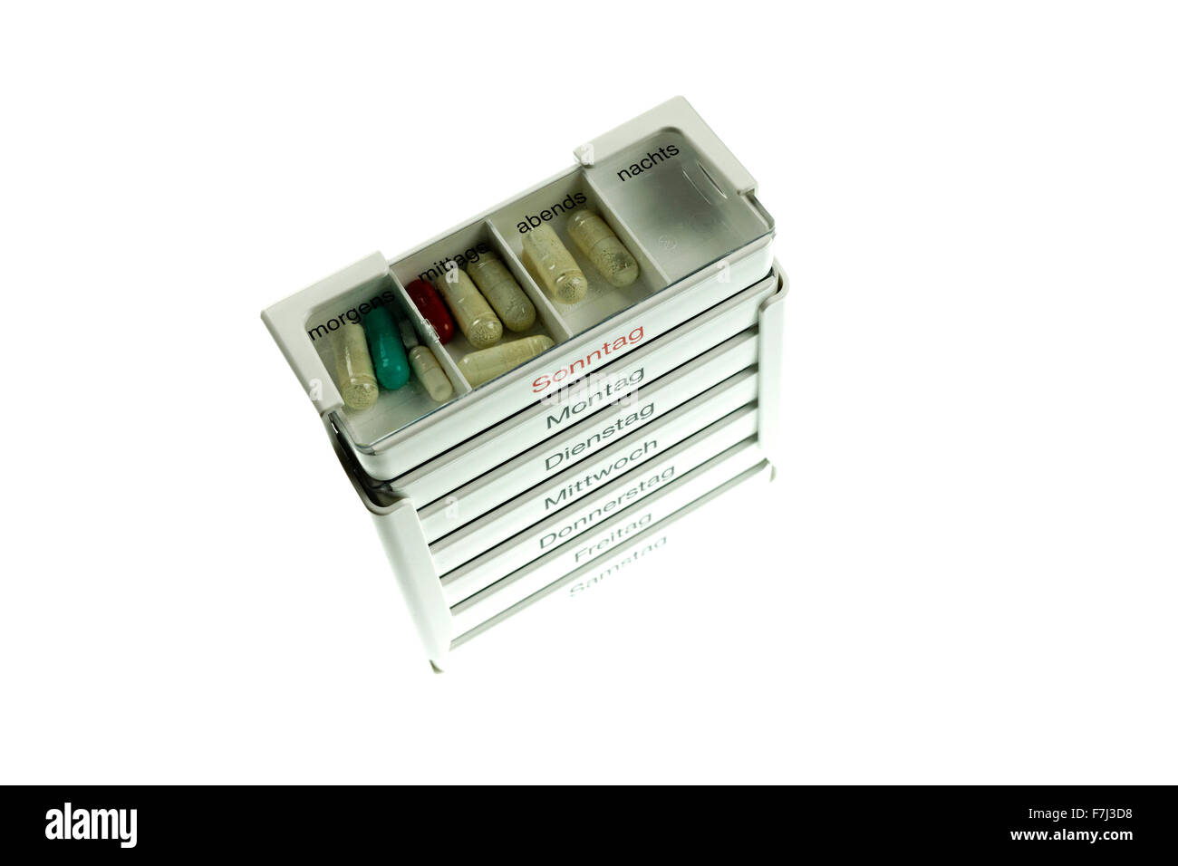 Testo Tedesco 7 giorno pillola medica casella su sfondo bianco Foto Stock