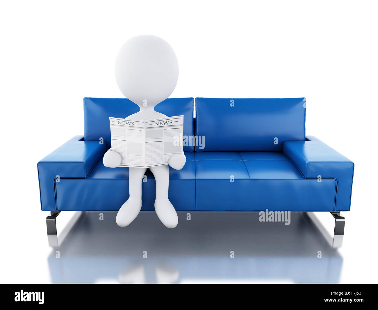 3D renderer illustrazione. La gente bianca leggendo un giornale, seduta su una poltrona. Isolato sfondo bianco Foto Stock