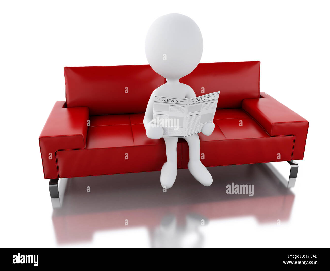 3D renderer illustrazione. La gente bianca leggendo un giornale, seduta su una poltrona. Isolato sfondo bianco Foto Stock